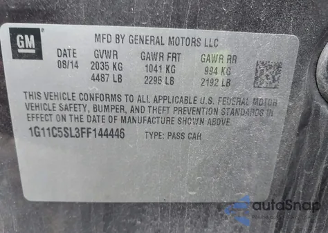 2015 Chevrolet Malibu 1Lt из США, поврежденный, VIN 1G11C5SL3FF144446